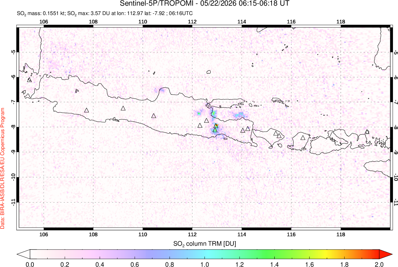A sulfur dioxide image over Java, Indonesia on May 22, 2026.