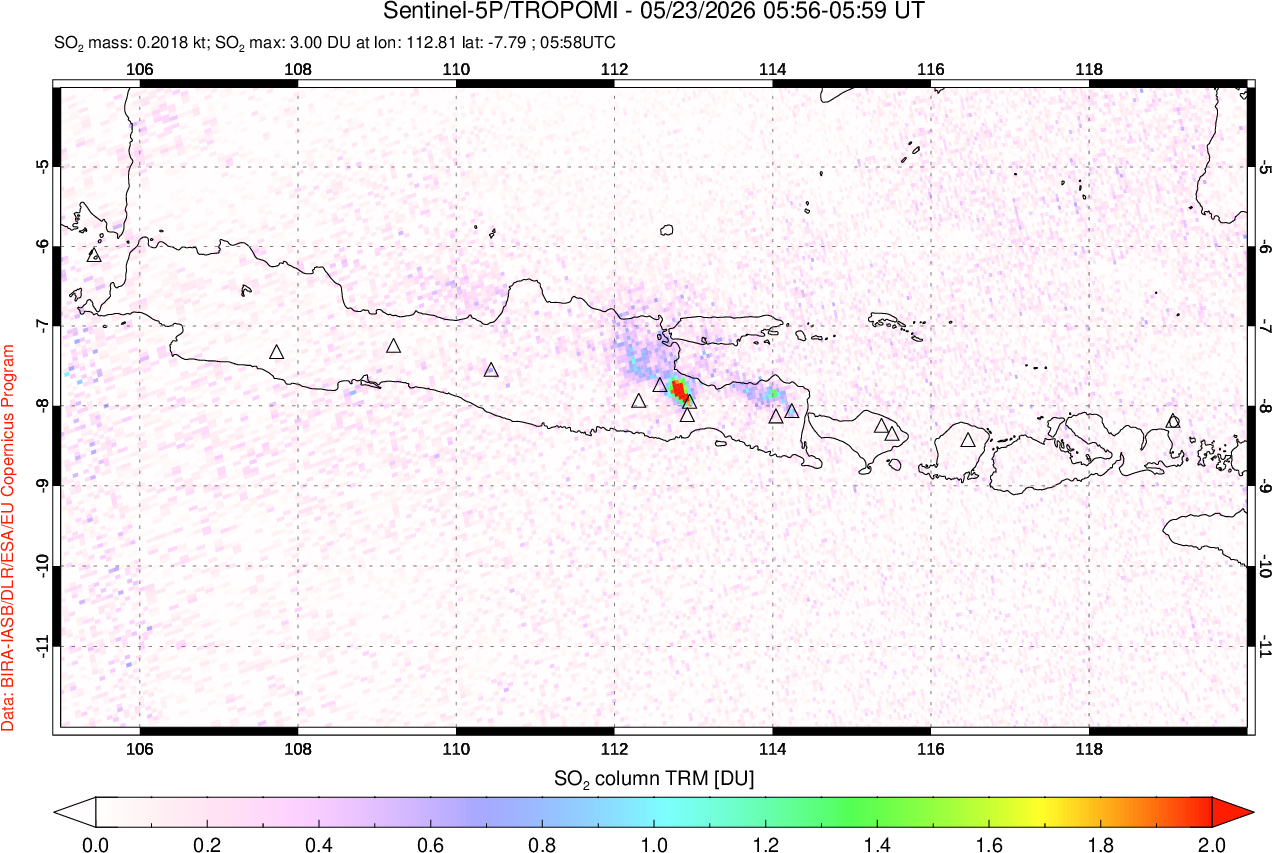 A sulfur dioxide image over Java, Indonesia on May 23, 2026.