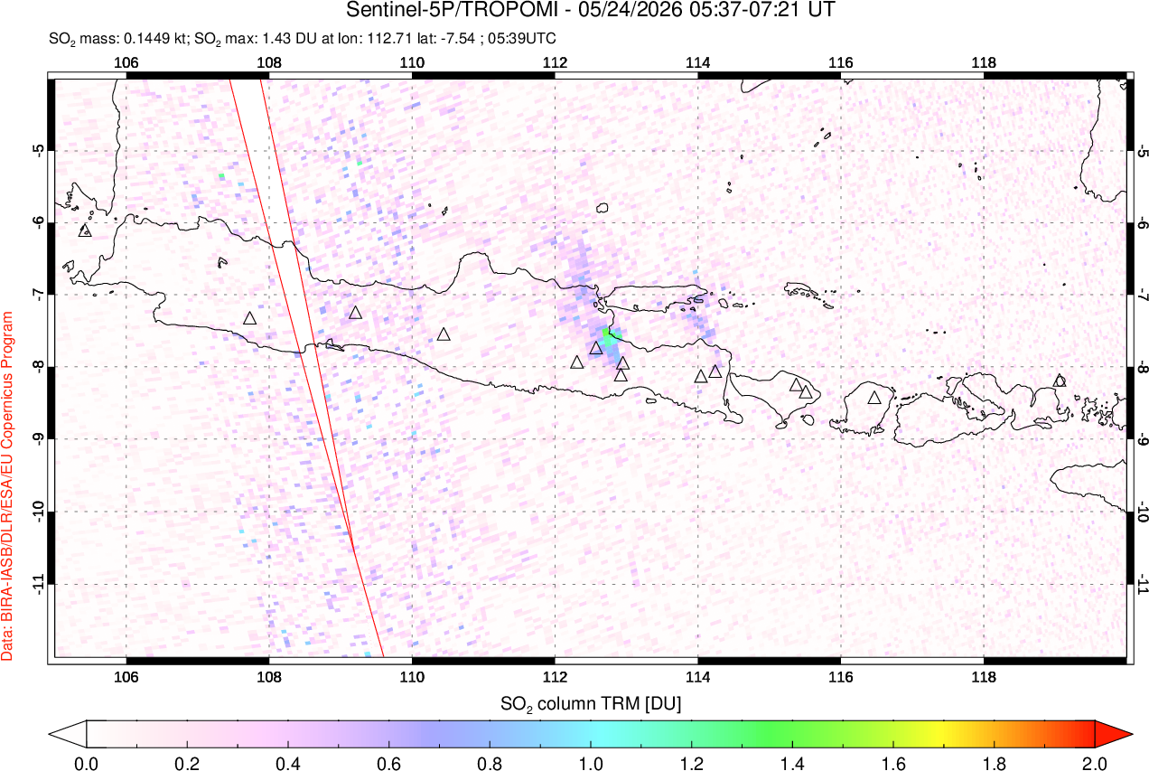 A sulfur dioxide image over Java, Indonesia on May 24, 2026.