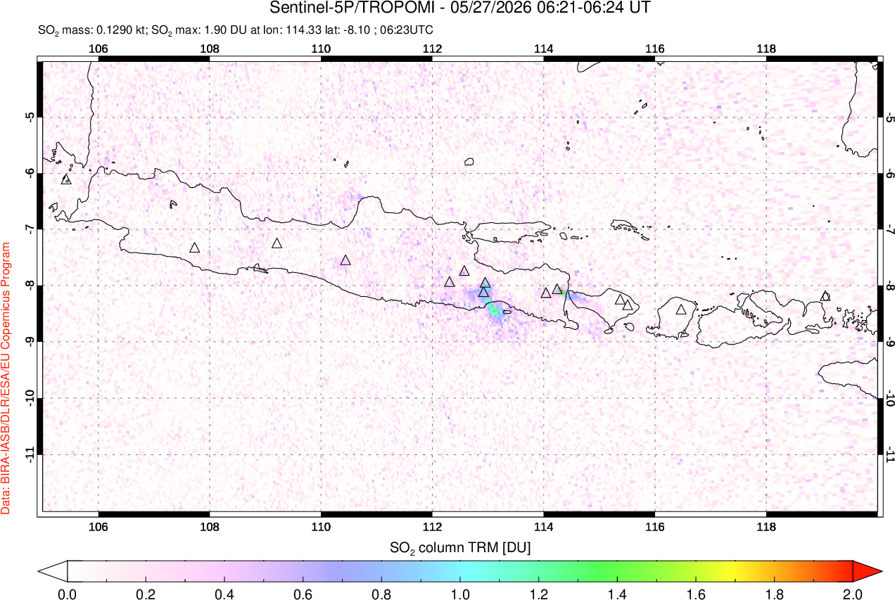 A sulfur dioxide image over Java, Indonesia on May 27, 2026.