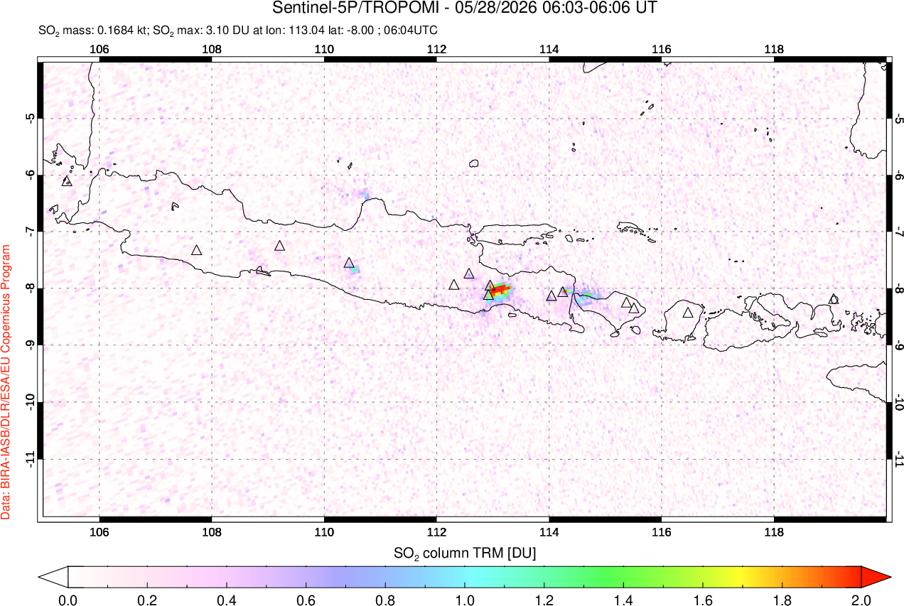 A sulfur dioxide image over Java, Indonesia on May 28, 2026.