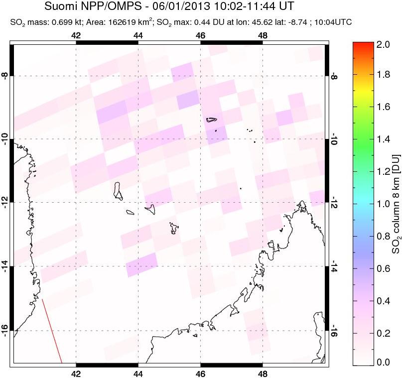 A sulfur dioxide image over Comoro Islands on Jun 01, 2013.