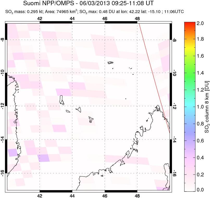 A sulfur dioxide image over Comoro Islands on Jun 03, 2013.