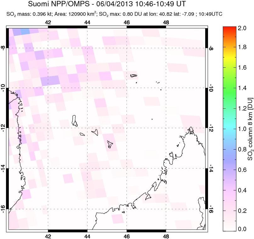 A sulfur dioxide image over Comoro Islands on Jun 04, 2013.