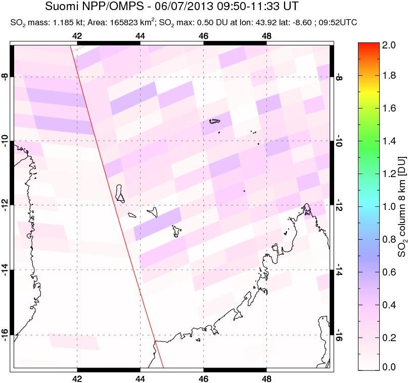 A sulfur dioxide image over Comoro Islands on Jun 07, 2013.