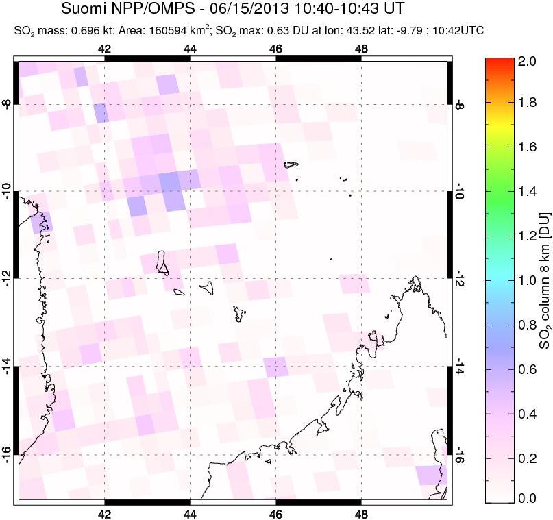A sulfur dioxide image over Comoro Islands on Jun 15, 2013.