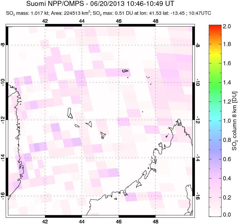 A sulfur dioxide image over Comoro Islands on Jun 20, 2013.