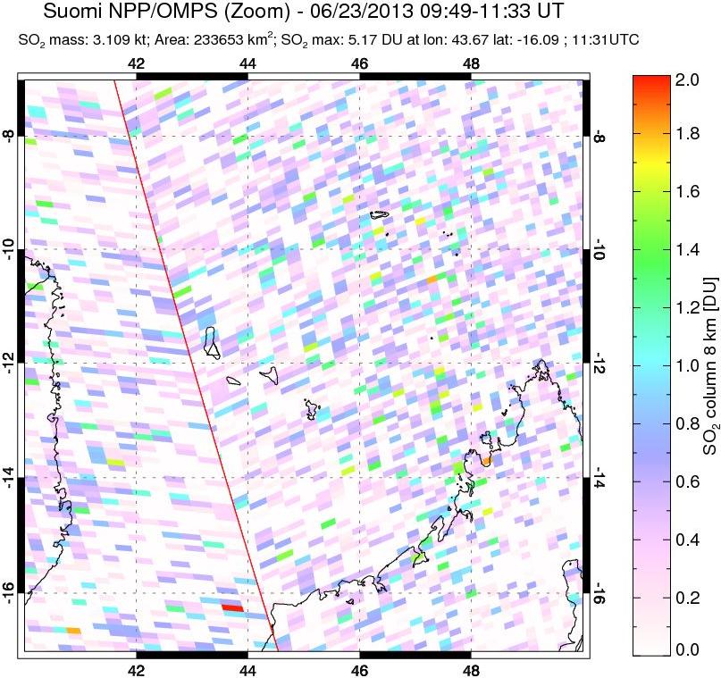A sulfur dioxide image over Comoro Islands on Jun 23, 2013.
