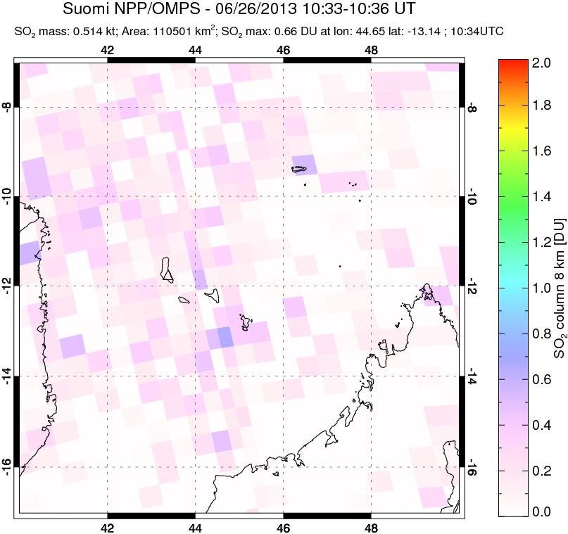 A sulfur dioxide image over Comoro Islands on Jun 26, 2013.