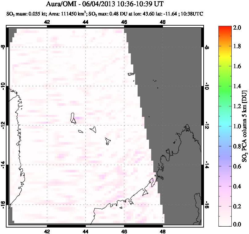 A sulfur dioxide image over Comoro Islands on Jun 04, 2013.