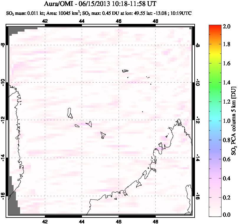 A sulfur dioxide image over Comoro Islands on Jun 15, 2013.