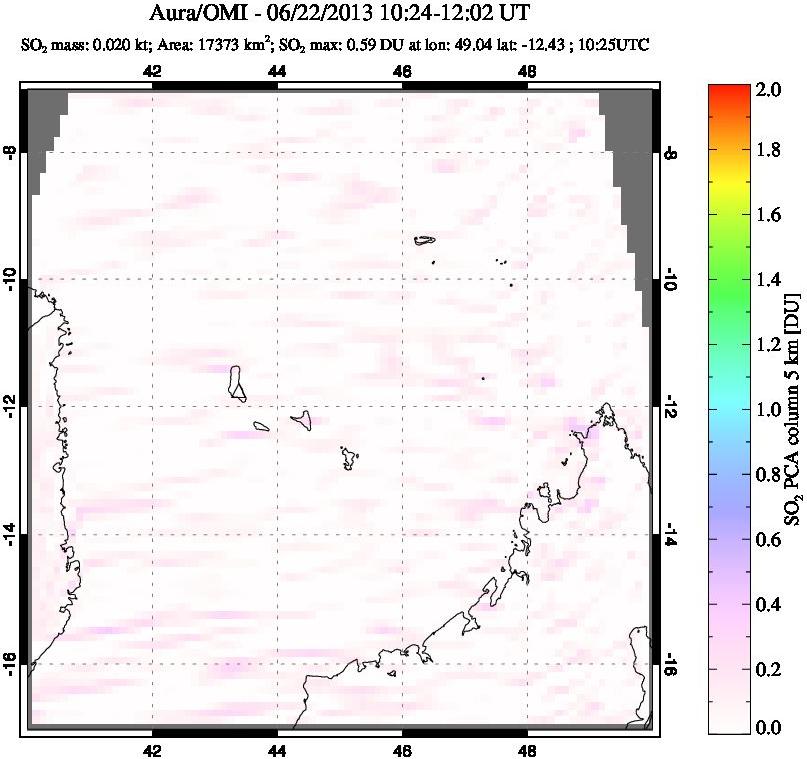 A sulfur dioxide image over Comoro Islands on Jun 22, 2013.