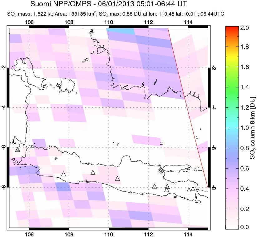 A sulfur dioxide image over Java, Indonesia on Jun 01, 2013.