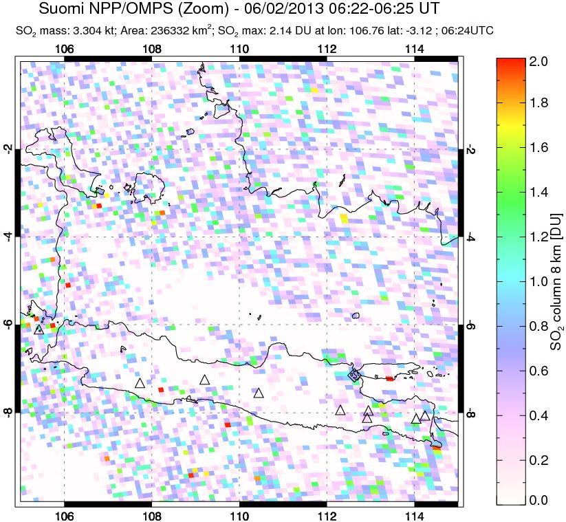 A sulfur dioxide image over Java, Indonesia on Jun 02, 2013.