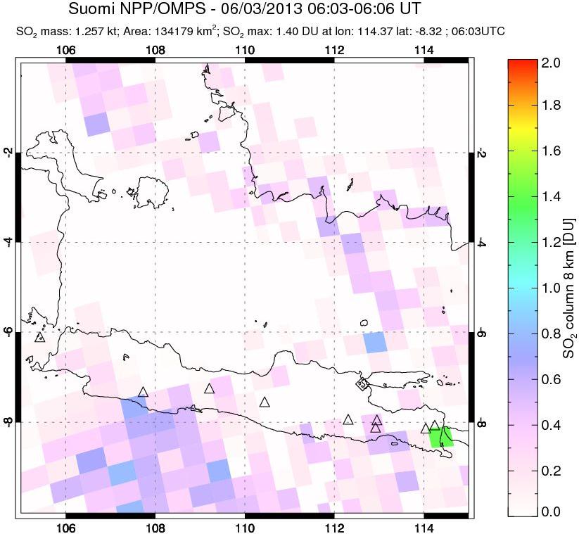 A sulfur dioxide image over Java, Indonesia on Jun 03, 2013.