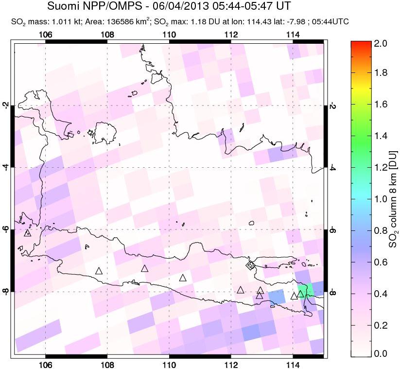 A sulfur dioxide image over Java, Indonesia on Jun 04, 2013.