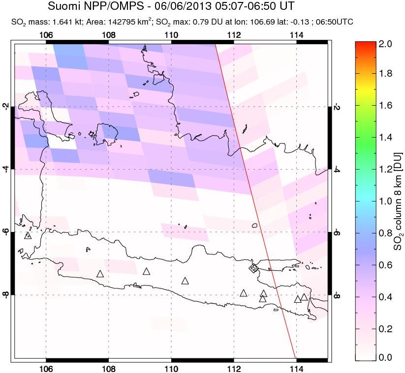 A sulfur dioxide image over Java, Indonesia on Jun 06, 2013.