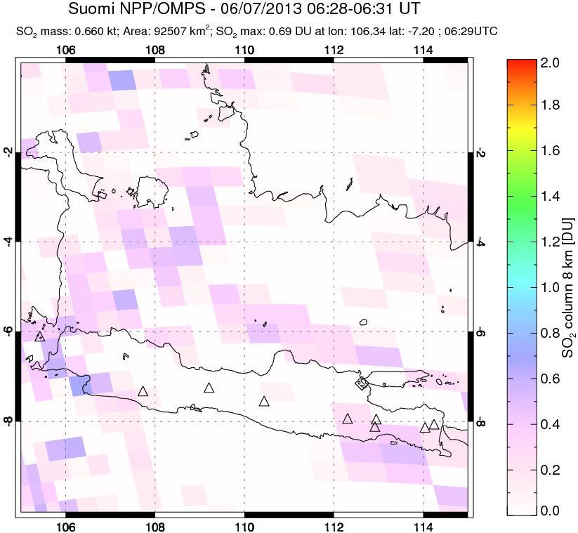 A sulfur dioxide image over Java, Indonesia on Jun 07, 2013.