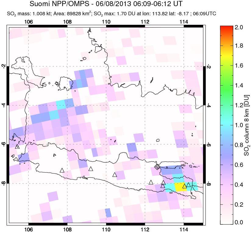 A sulfur dioxide image over Java, Indonesia on Jun 08, 2013.