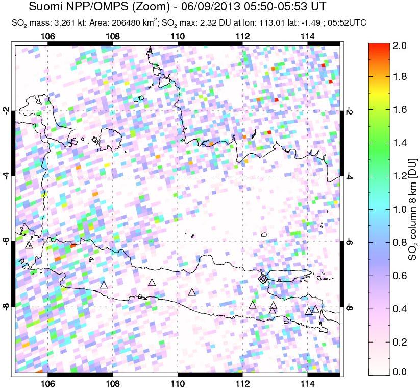 A sulfur dioxide image over Java, Indonesia on Jun 09, 2013.
