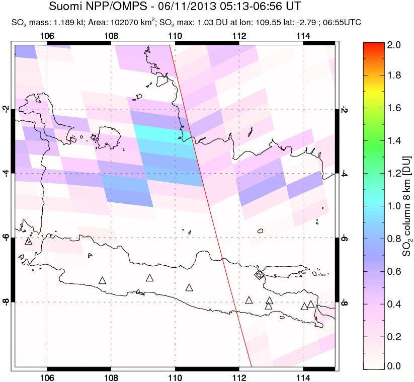 A sulfur dioxide image over Java, Indonesia on Jun 11, 2013.