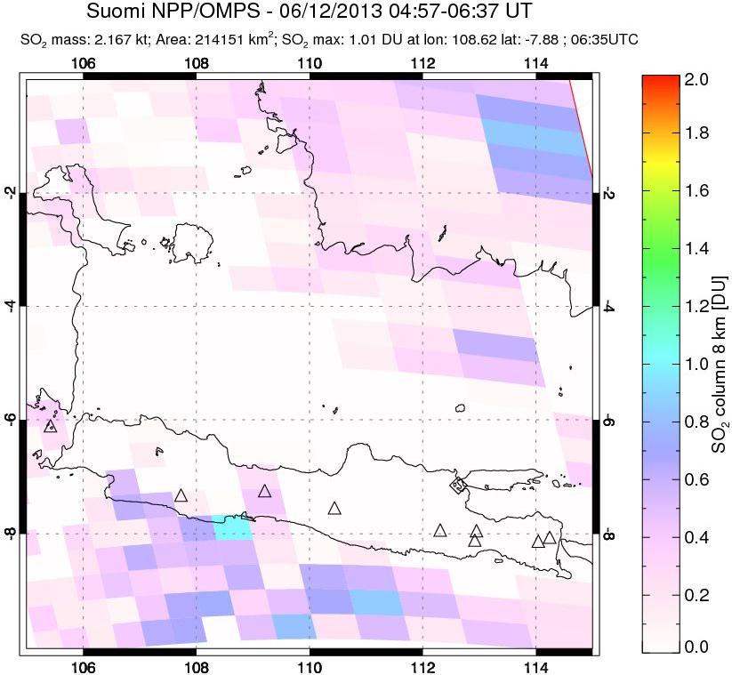 A sulfur dioxide image over Java, Indonesia on Jun 12, 2013.