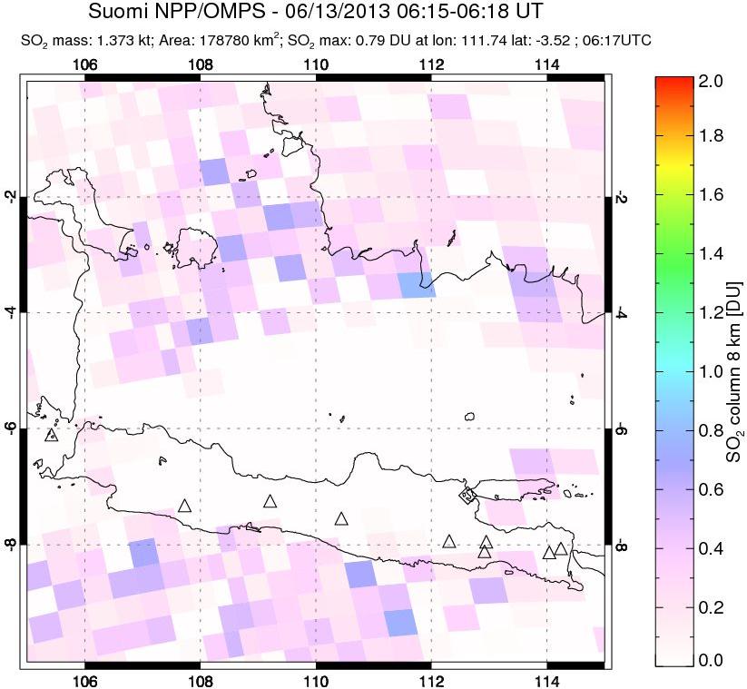 A sulfur dioxide image over Java, Indonesia on Jun 13, 2013.