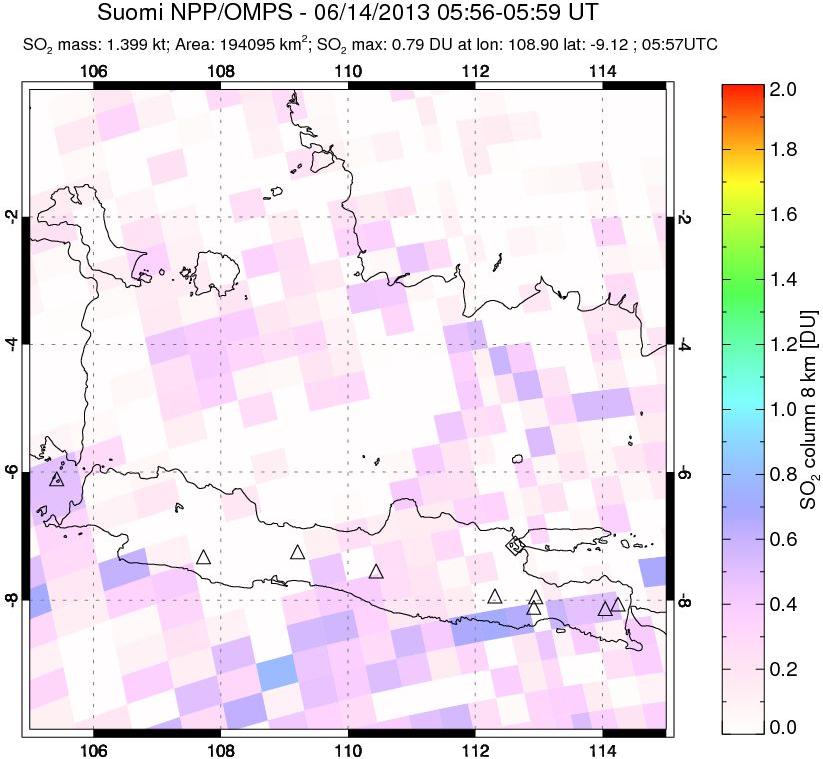 A sulfur dioxide image over Java, Indonesia on Jun 14, 2013.