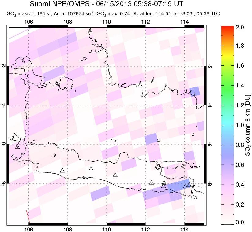 A sulfur dioxide image over Java, Indonesia on Jun 15, 2013.