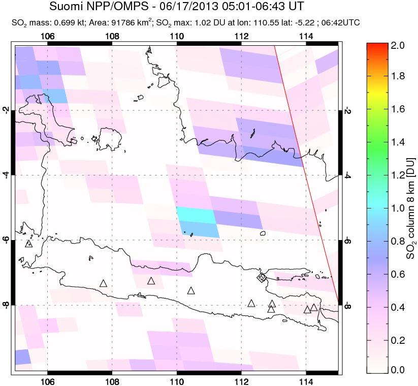 A sulfur dioxide image over Java, Indonesia on Jun 17, 2013.