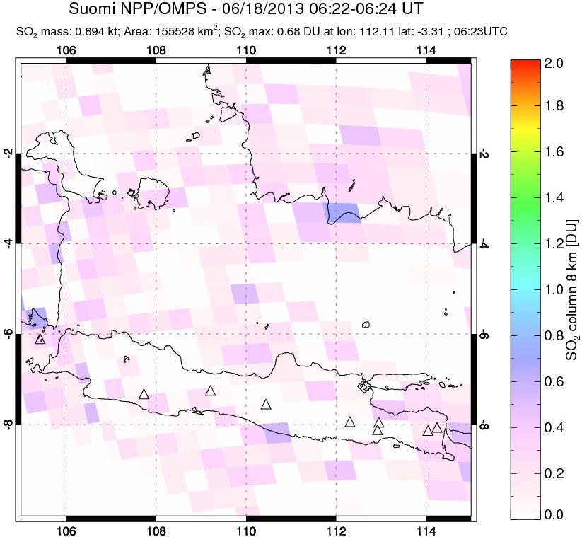 A sulfur dioxide image over Java, Indonesia on Jun 18, 2013.