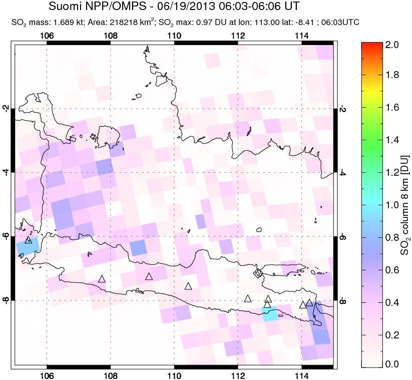 A sulfur dioxide image over Java, Indonesia on Jun 19, 2013.