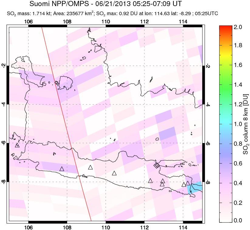 A sulfur dioxide image over Java, Indonesia on Jun 21, 2013.