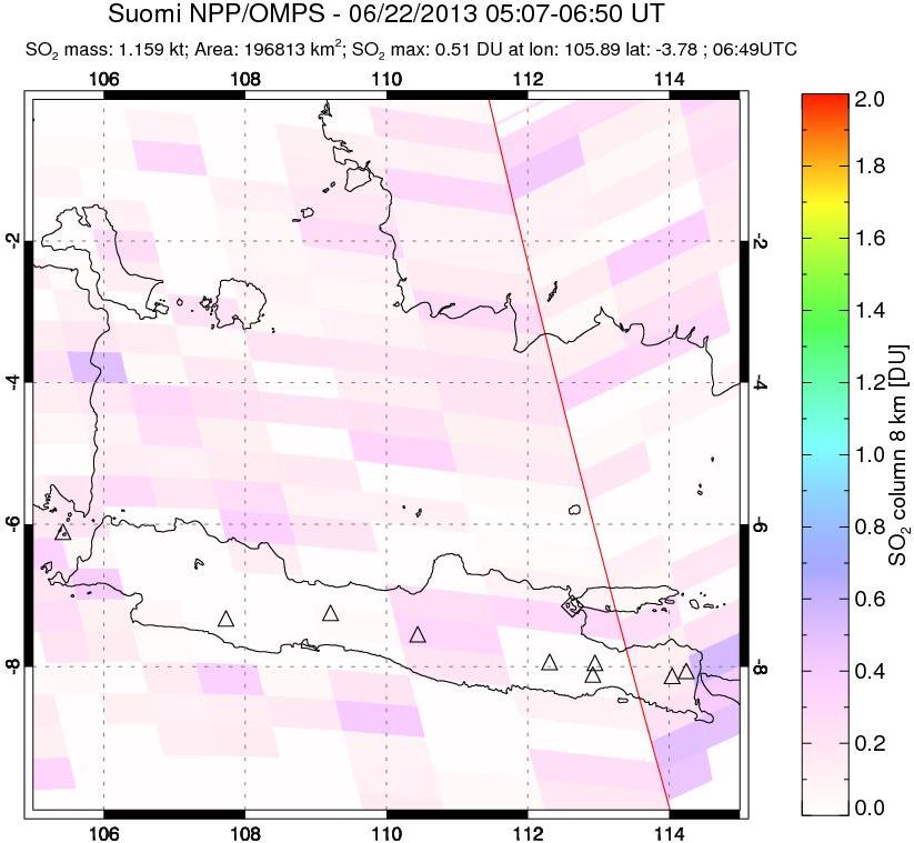 A sulfur dioxide image over Java, Indonesia on Jun 22, 2013.
