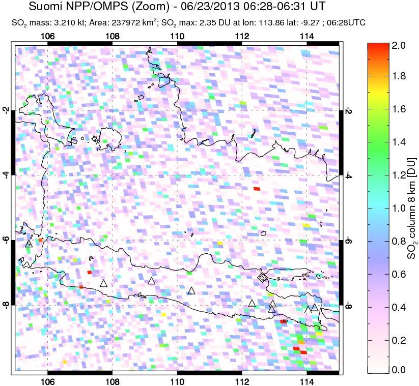 A sulfur dioxide image over Java, Indonesia on Jun 23, 2013.
