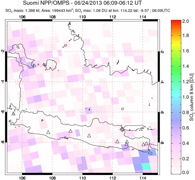 A sulfur dioxide image over Java, Indonesia on Jun 24, 2013.
