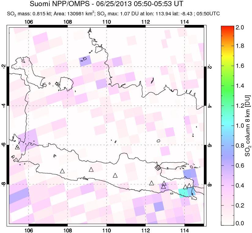 A sulfur dioxide image over Java, Indonesia on Jun 25, 2013.