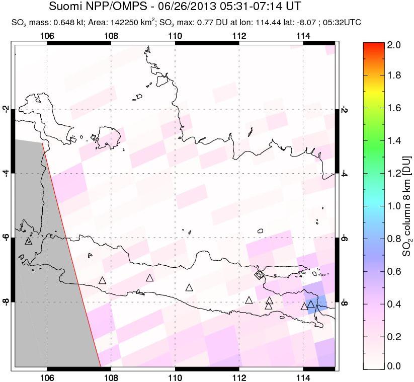 A sulfur dioxide image over Java, Indonesia on Jun 26, 2013.
