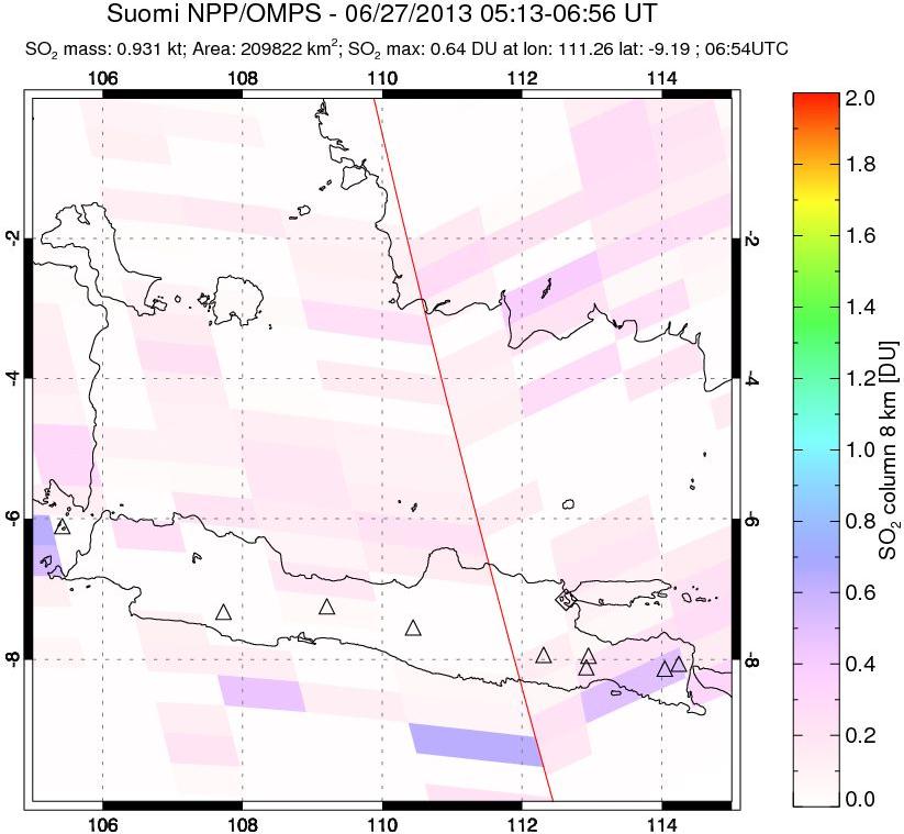 A sulfur dioxide image over Java, Indonesia on Jun 27, 2013.