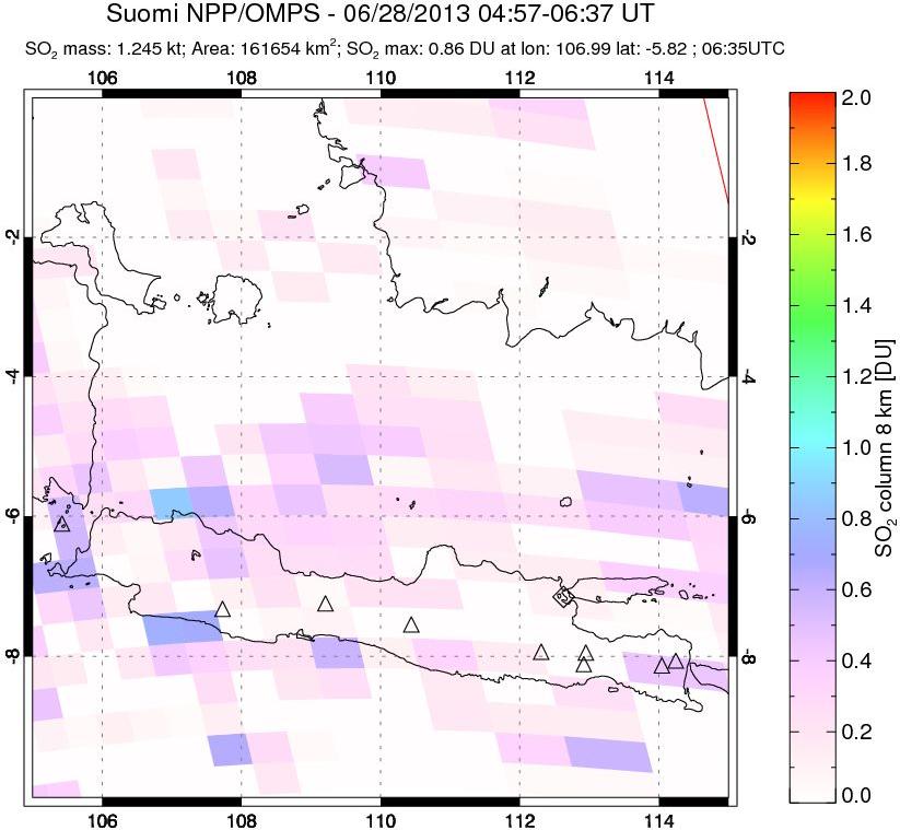 A sulfur dioxide image over Java, Indonesia on Jun 28, 2013.