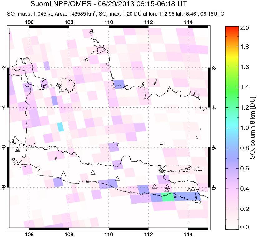 A sulfur dioxide image over Java, Indonesia on Jun 29, 2013.