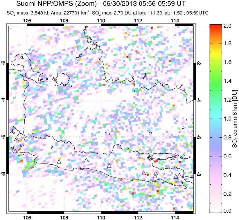 A sulfur dioxide image over Java, Indonesia on Jun 30, 2013.