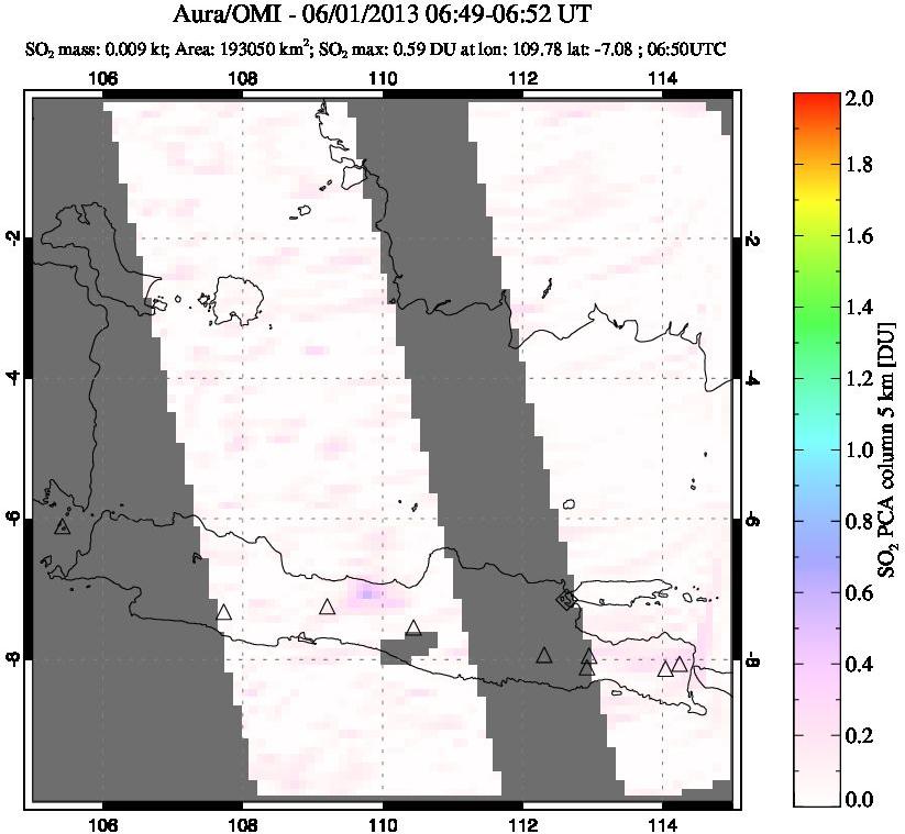 A sulfur dioxide image over Java, Indonesia on Jun 01, 2013.