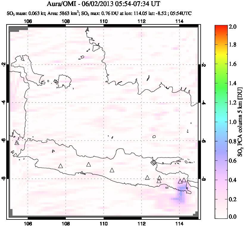 A sulfur dioxide image over Java, Indonesia on Jun 02, 2013.