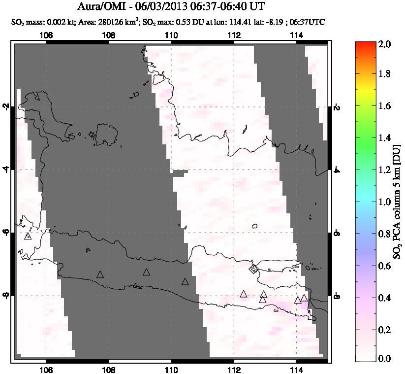 A sulfur dioxide image over Java, Indonesia on Jun 03, 2013.