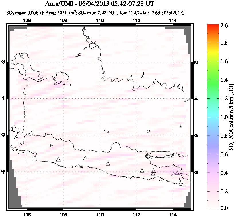 A sulfur dioxide image over Java, Indonesia on Jun 04, 2013.