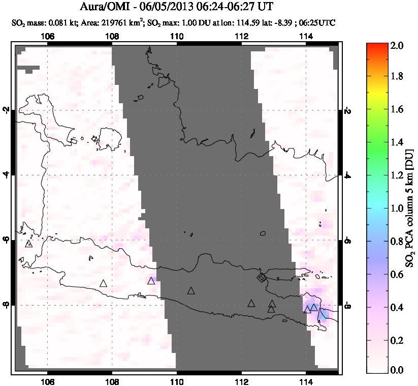 A sulfur dioxide image over Java, Indonesia on Jun 05, 2013.