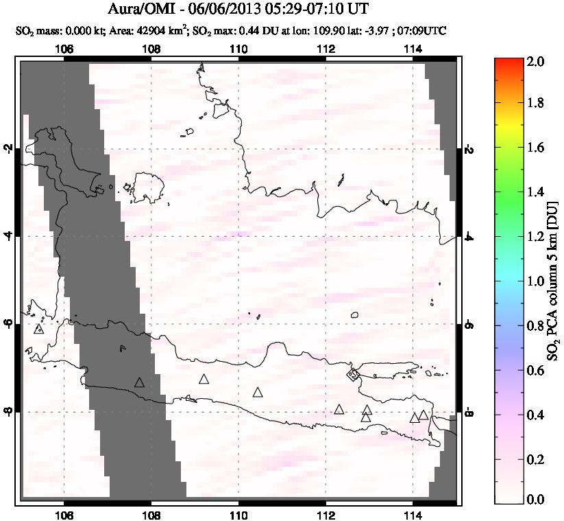 A sulfur dioxide image over Java, Indonesia on Jun 06, 2013.