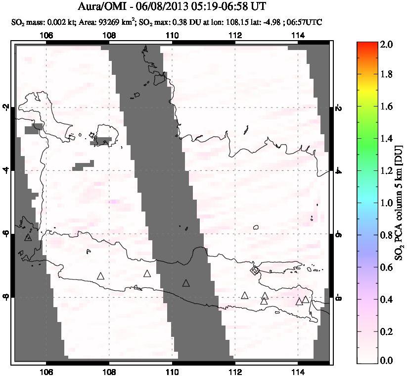 A sulfur dioxide image over Java, Indonesia on Jun 08, 2013.
