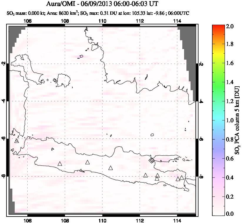 A sulfur dioxide image over Java, Indonesia on Jun 09, 2013.